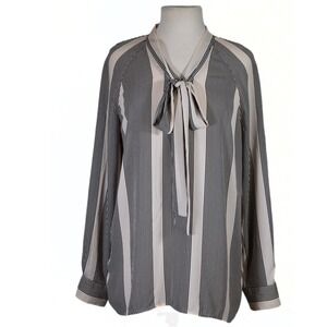 Tie Neck Long Sleeve Striped Blouse Womens Large Pink Black Office LOFT